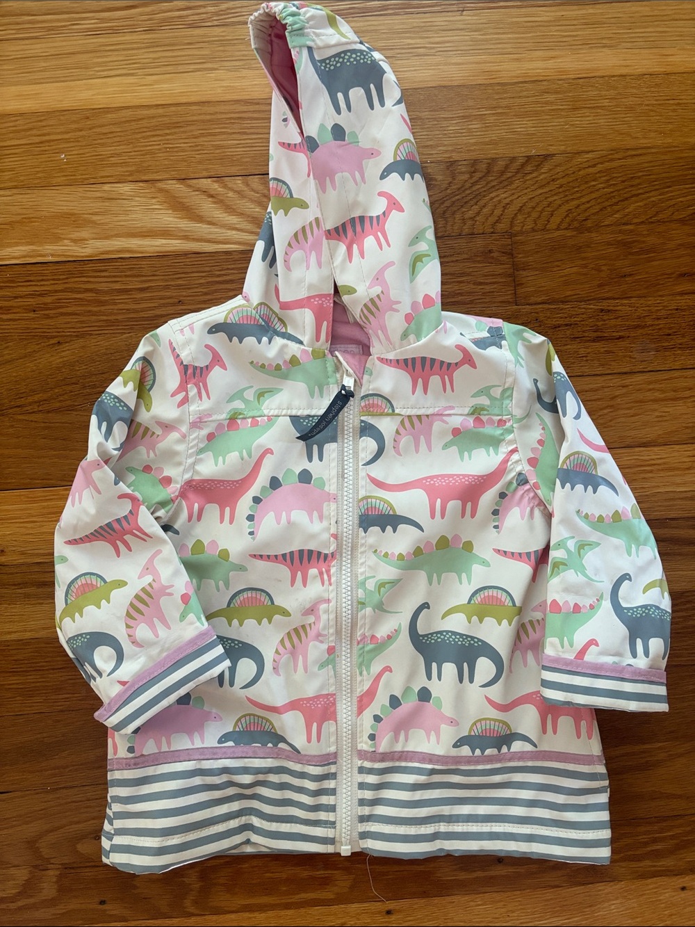Kids Dino Print Hooded Raincoat - White with Pink & Green